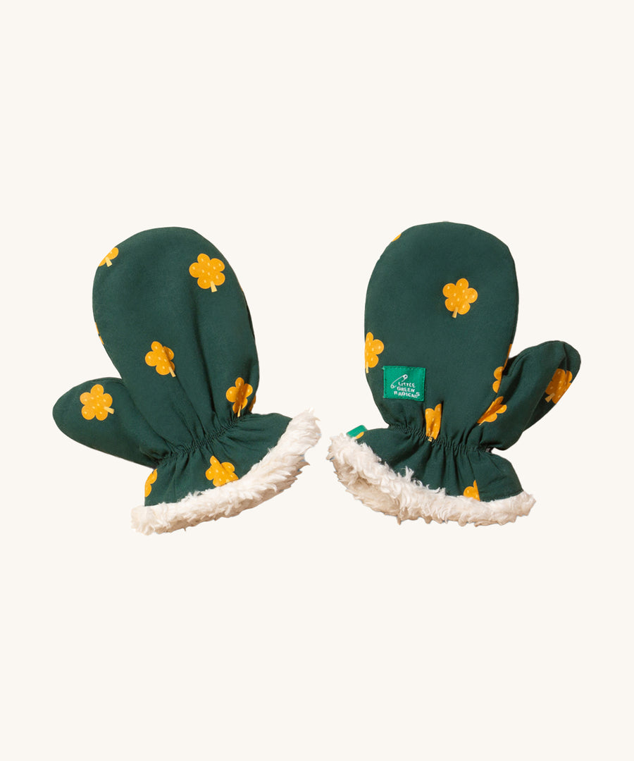 LGR Golden Leaves Sherpa Mittens. A dark green fabric with golden leaf print and fleece lining