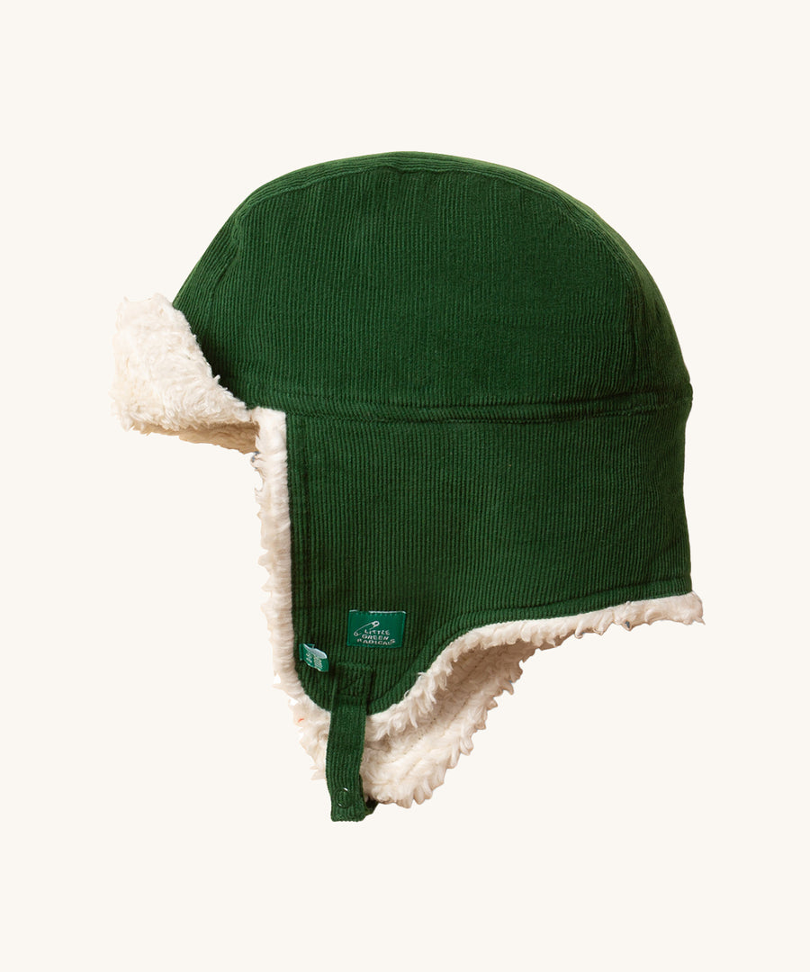 LGR Vintage Green Sherpa Hat. A dark green cord hat with an adjustable chin strap and peak, lined with cosy fleece