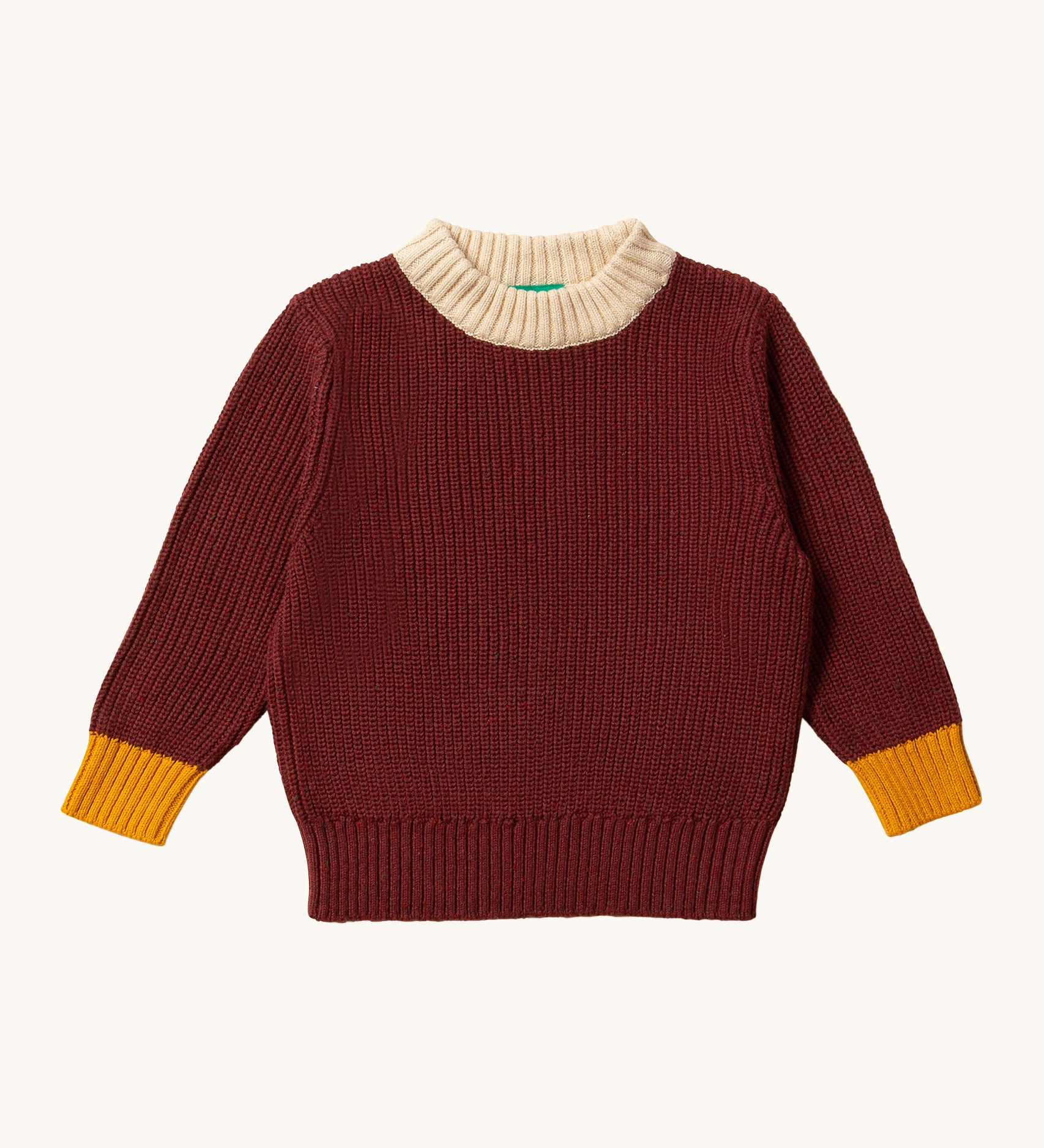 LGR From One To Another Hazelnut Knitted Jumper. A gorgeous hazelnut fabric, with mustard yellow wrist cuffs and a cream neck collar