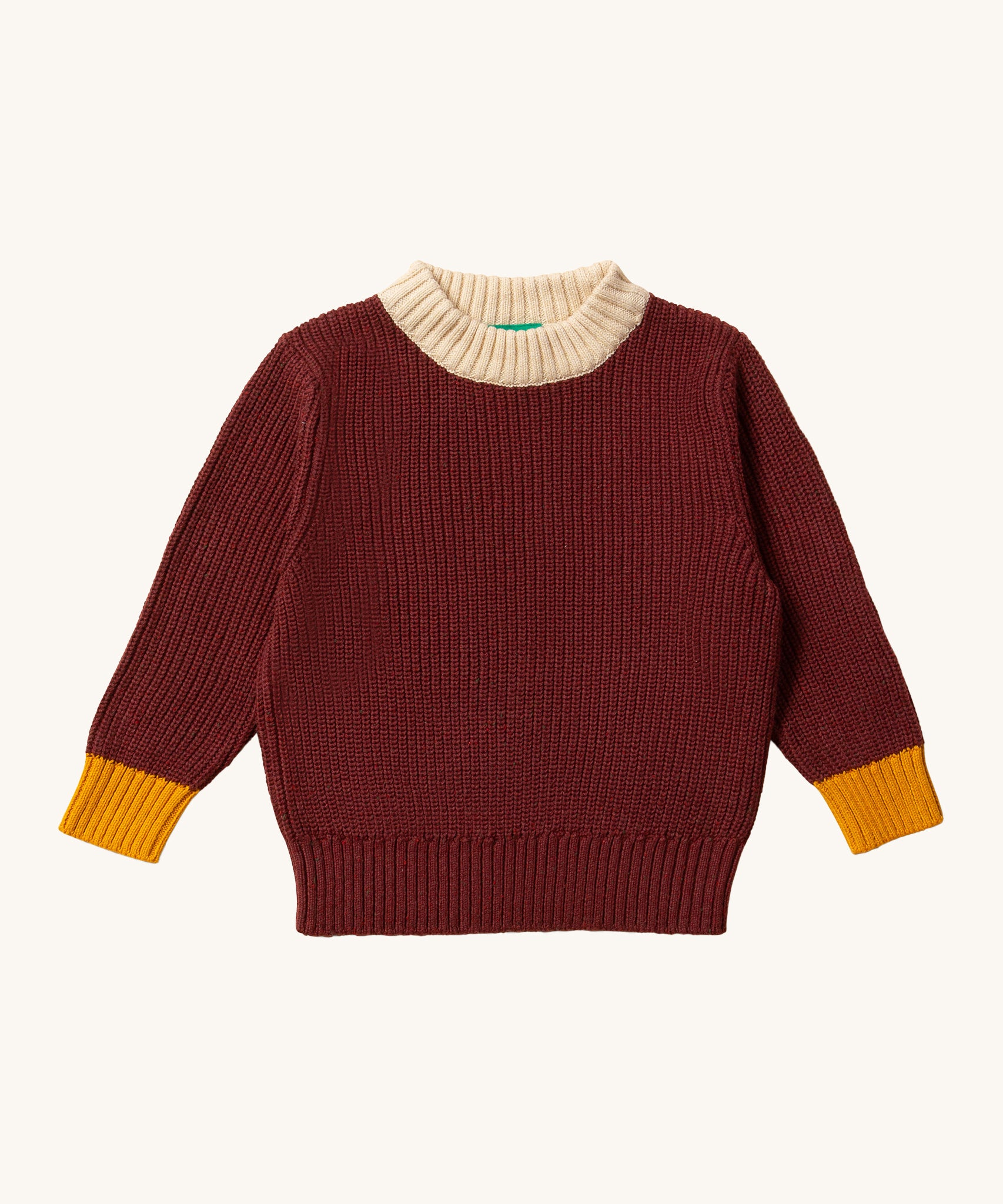 LGR From One To Another Hazelnut Knitted Jumper. A gorgeous hazelnut fabric, with mustard yellow wrist cuffs and a cream neck collar