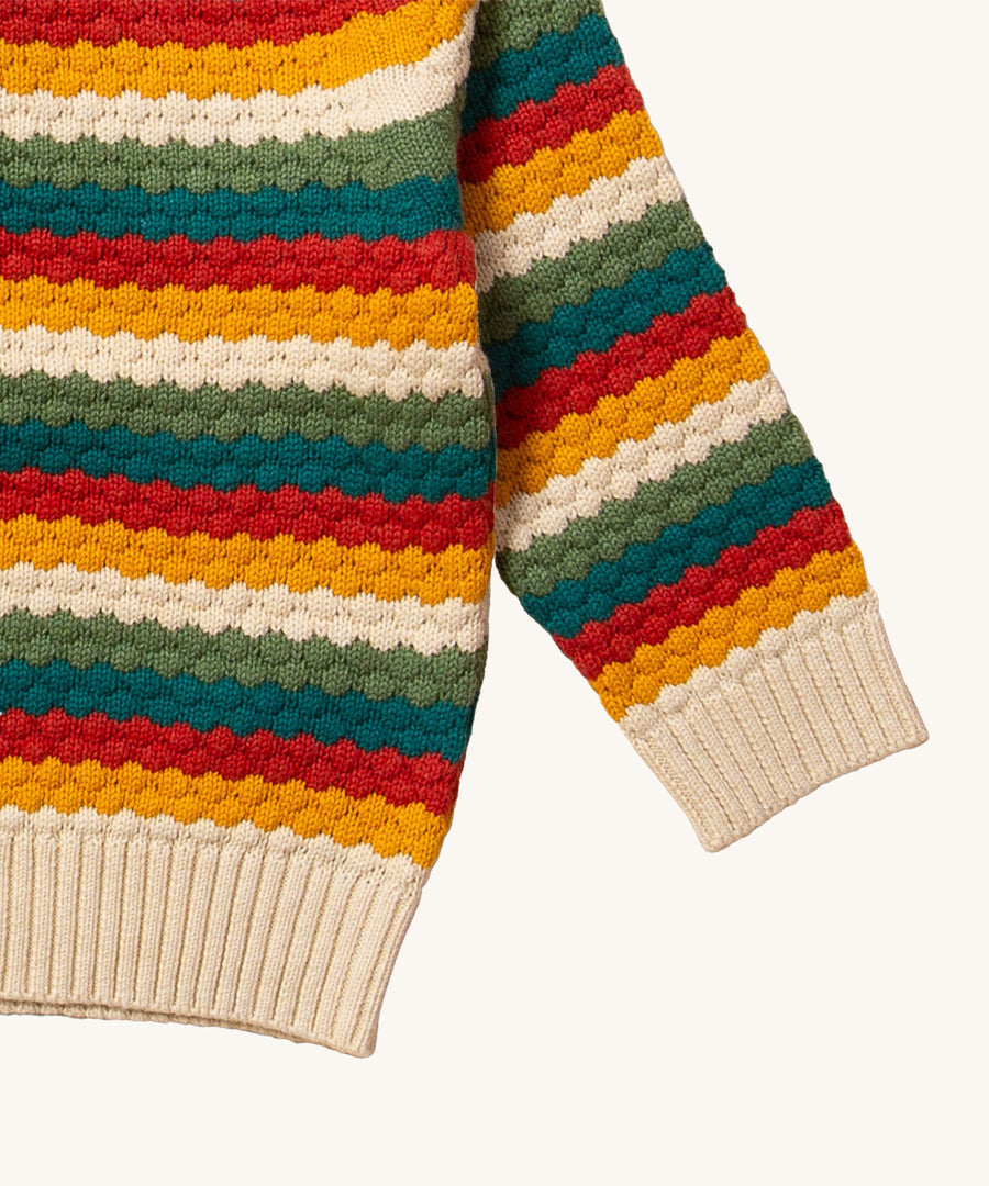 A closer look at the cuffs on the LGR From One To Another Honeycomb Rainbow Striped Knitted Jumper