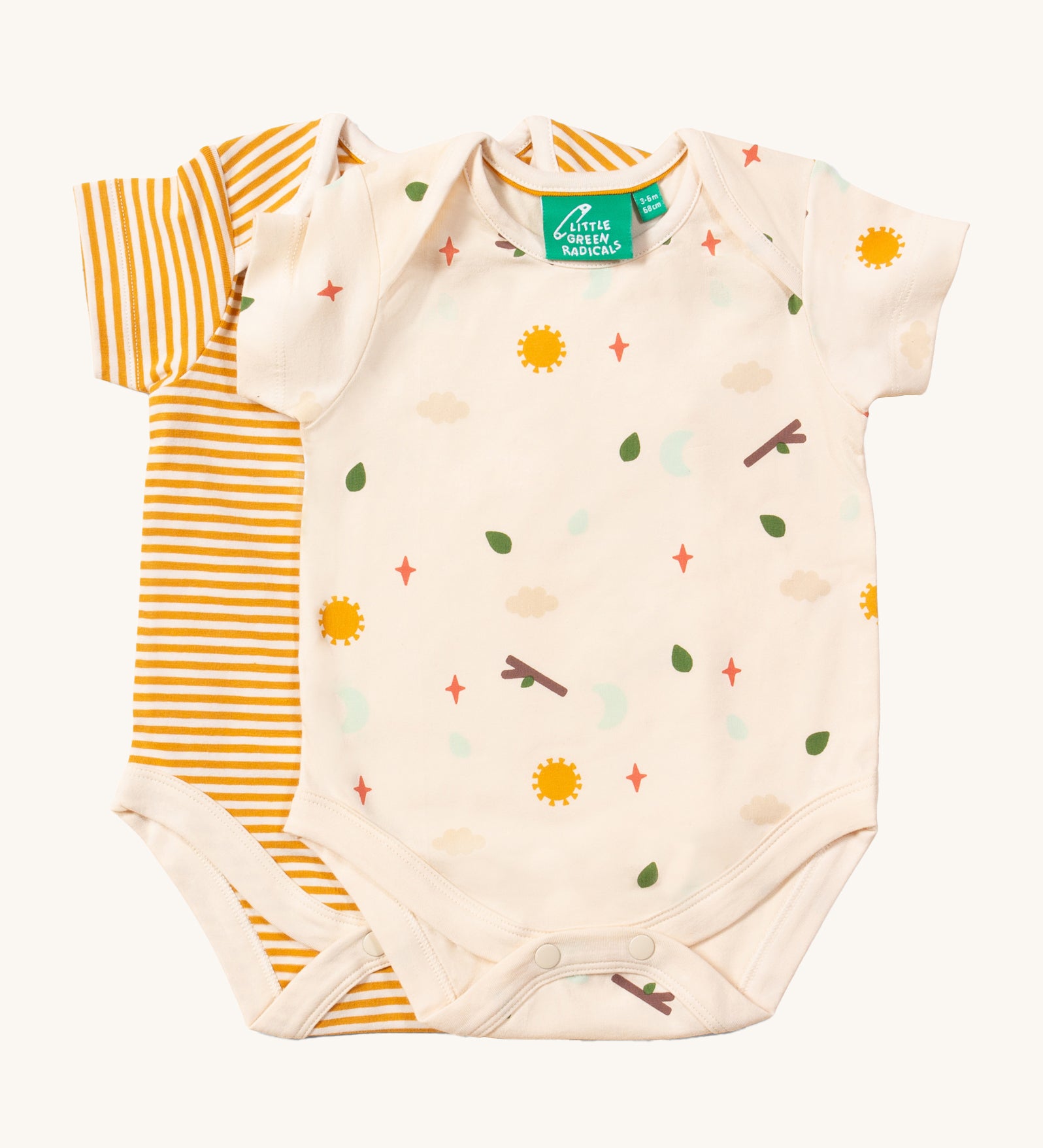 LGR Adventure Organic Baby Body Set - 2 Pack. One in a white and orange stripe print, and the other in white with an outdoors print