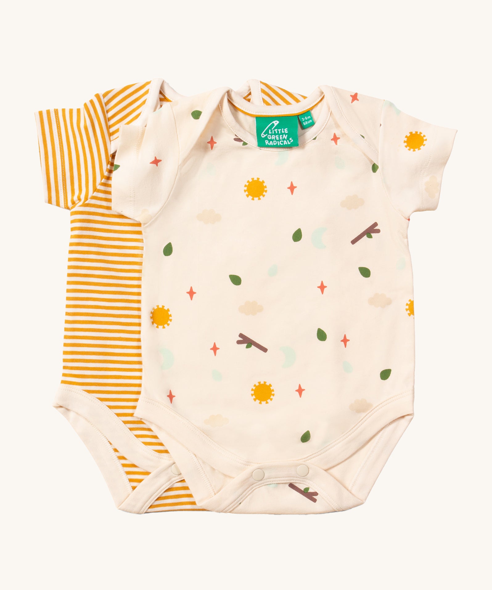 LGR Adventure Organic Baby Body Set - 2 Pack. One in a white and orange stripe print, and the other in white with an outdoors print