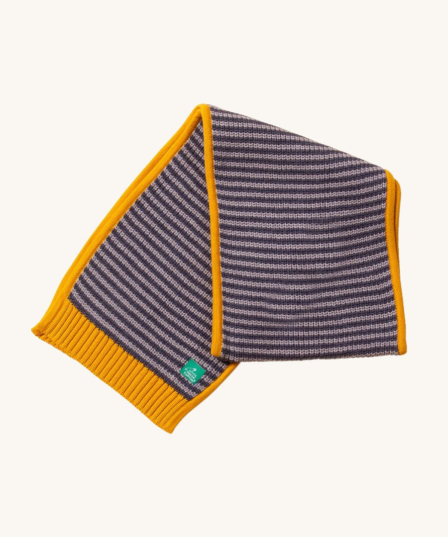 LGR Dreamy Blue Striped Knitted Scarf, with mustard yellow trim, made with super soft knitted cotton 