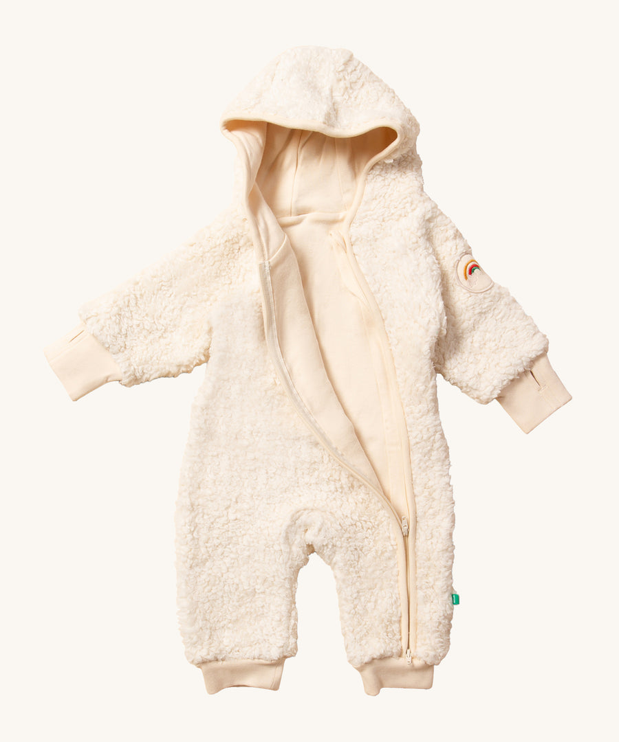 LGR Sherpa Hooded Snug As A Bug Suit with the zip open, showing the soft, cosy inside