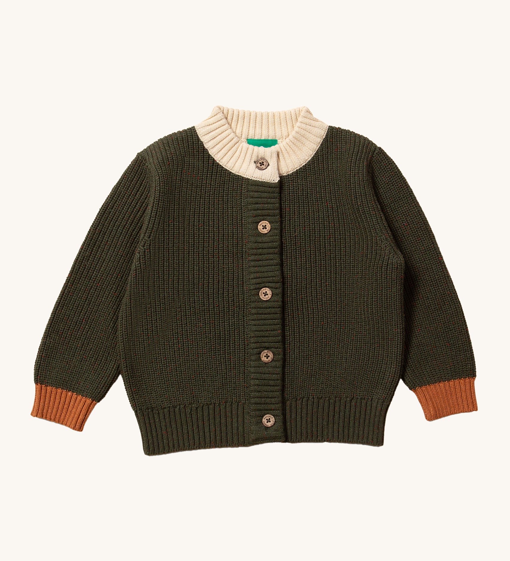 LGR From One To Another Fern Green Knitted Cardigan. A gorgeous fern green knitted cardigan with light brown wrist cuffs and a cream neck collar. This cardigan also buttons up at the front