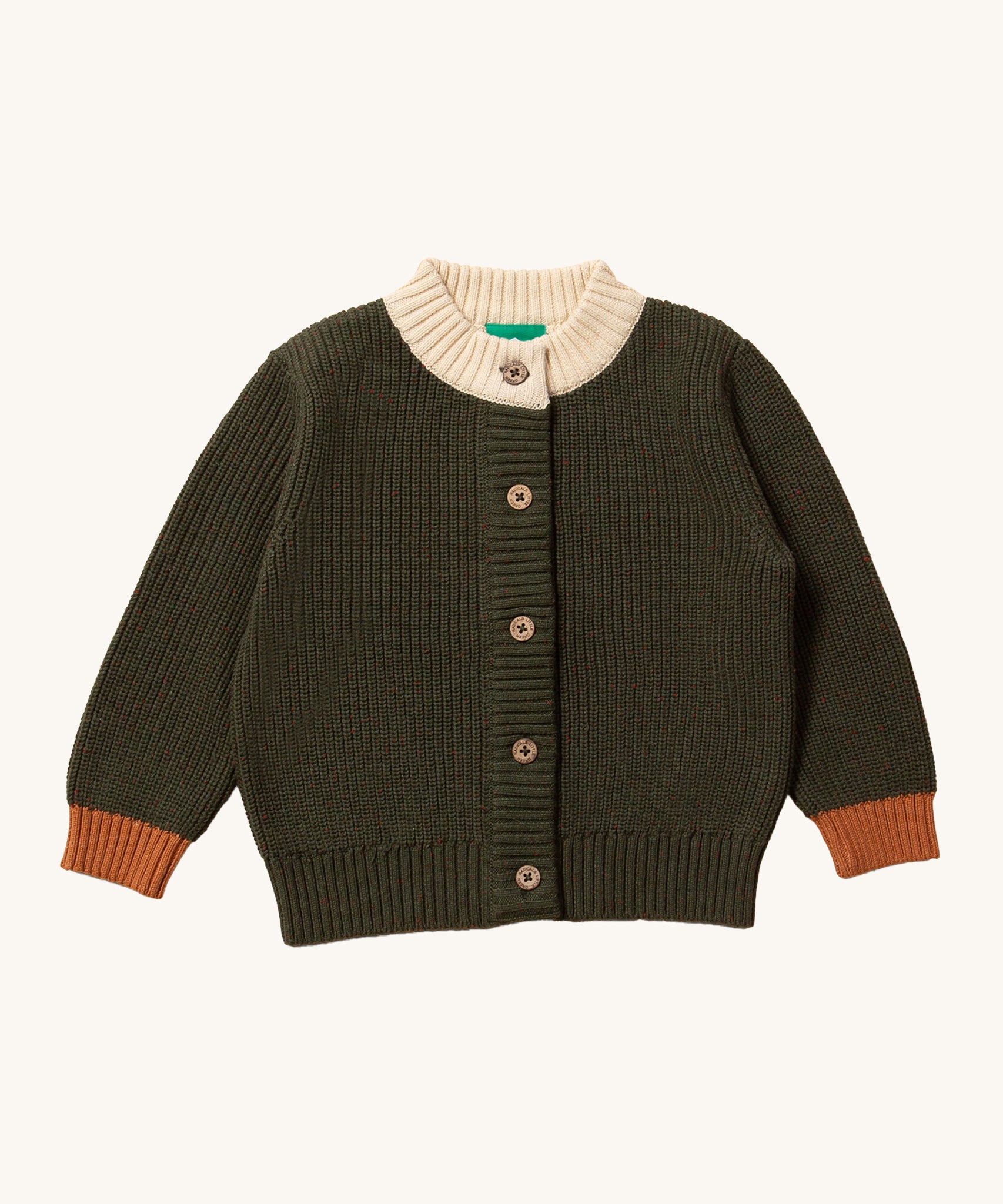 LGR From One To Another Fern Green Knitted Cardigan. A gorgeous fern green knitted cardigan with light brown wrist cuffs and a cream neck collar. This cardigan also buttons up at the front