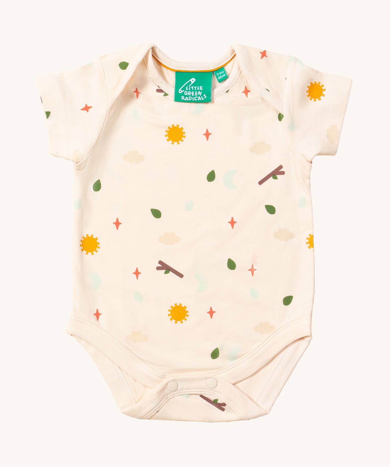 The white adventure print body suit, from the LGR Adventure Organic Baby Body Set - 2 Pack