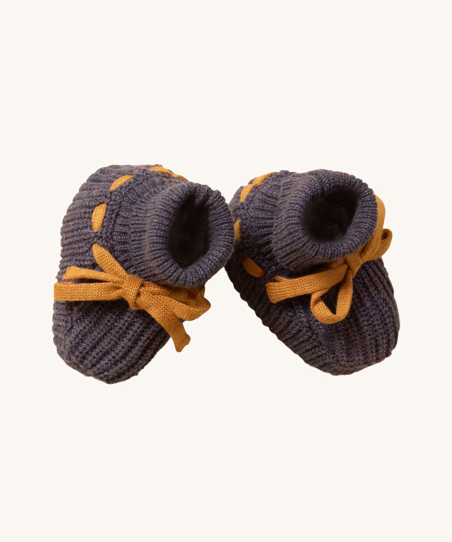 LGR Dreamy Blue Knitted Baby Booties, with mustard yellow bootie ties