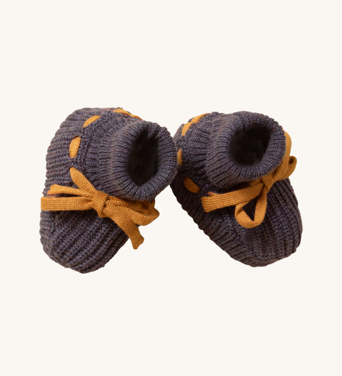 LGR Dreamy Blue Knitted Baby Booties, with mustard yellow bootie ties