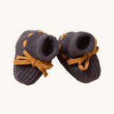 LGR Dreamy Blue Knitted Baby Booties, with mustard yellow bootie ties