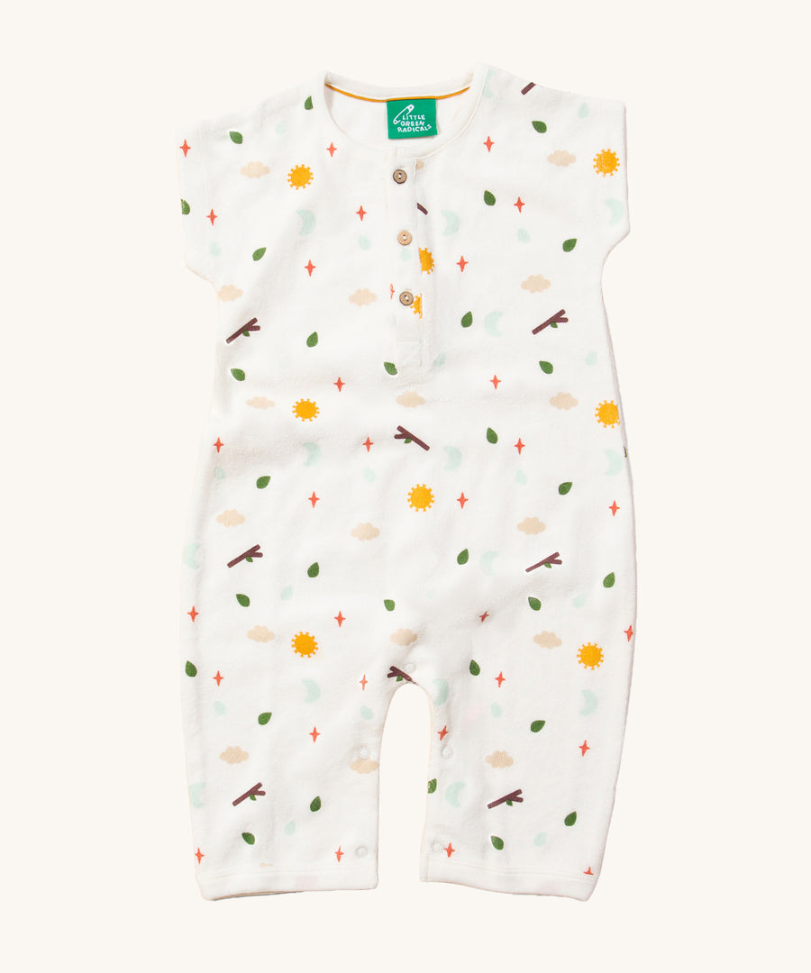 LGR Adventure Baby Towelling Romper. A fun adventure print on a white fabric