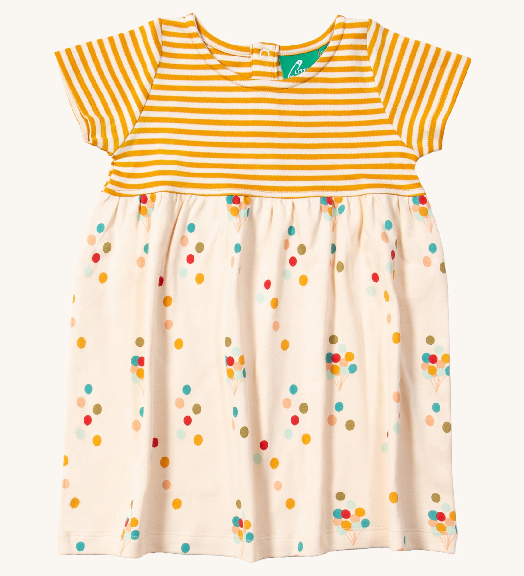 LGR Rainbow Balloons Easy Peasy Summer Dress, with a lovely balloon print on the bottom of the dress and a gold and white stripe at the top