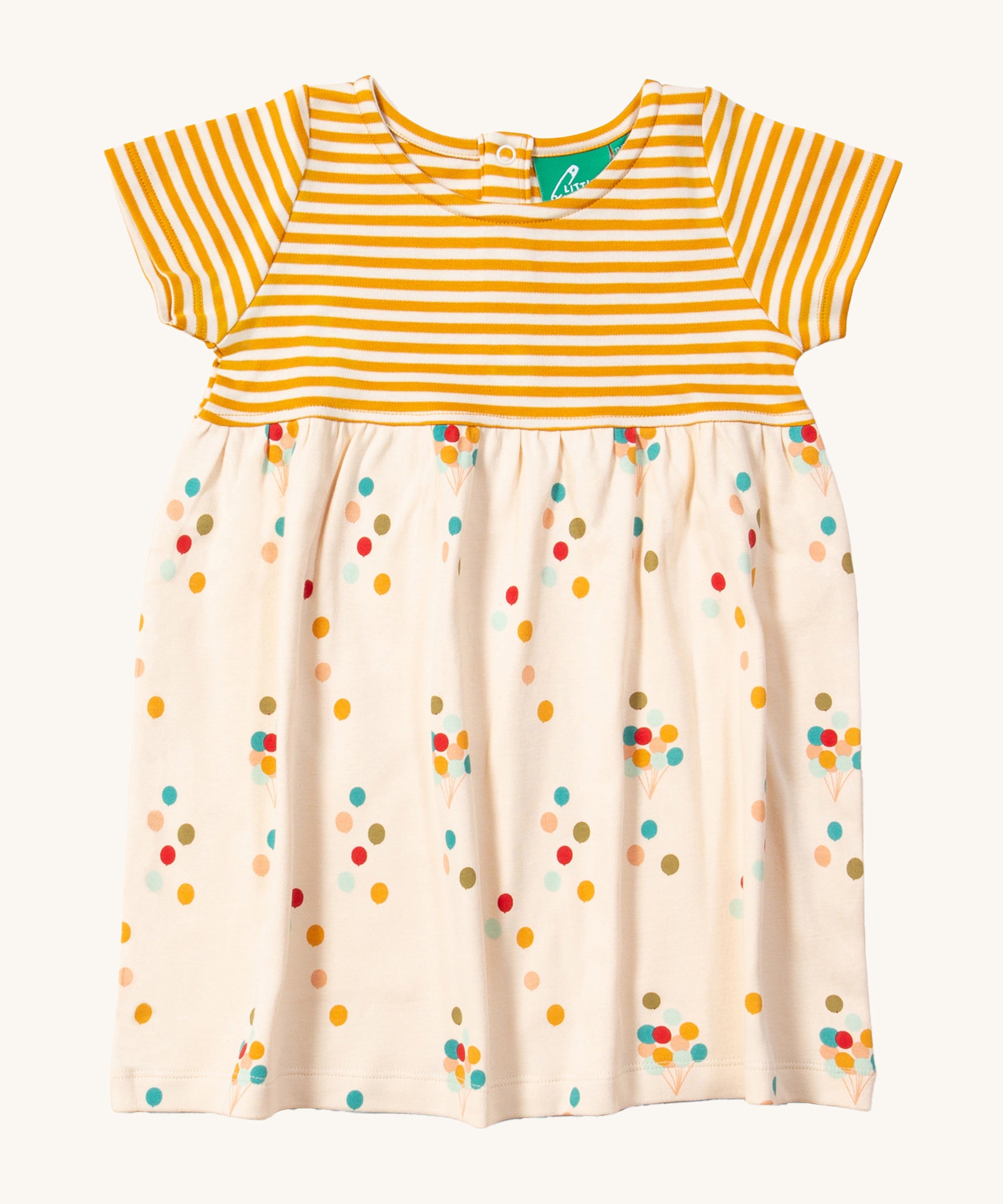 LGR Rainbow Balloons Easy Peasy Summer Dress, with a lovely balloon print on the bottom of the dress and a gold and white stripe at the top