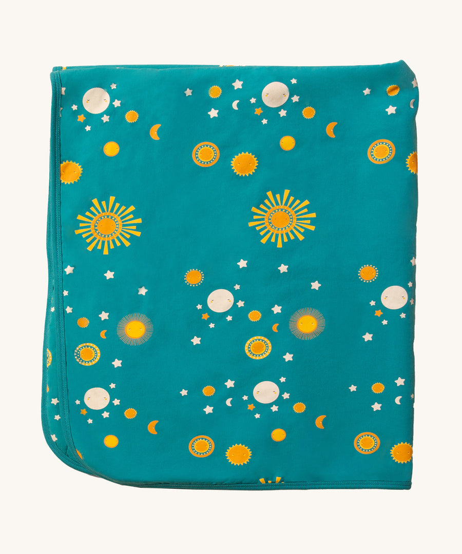 A closer look at the teal colour, and star and moon print on the LGR Sun & Stars Sherpa Baby Blanket