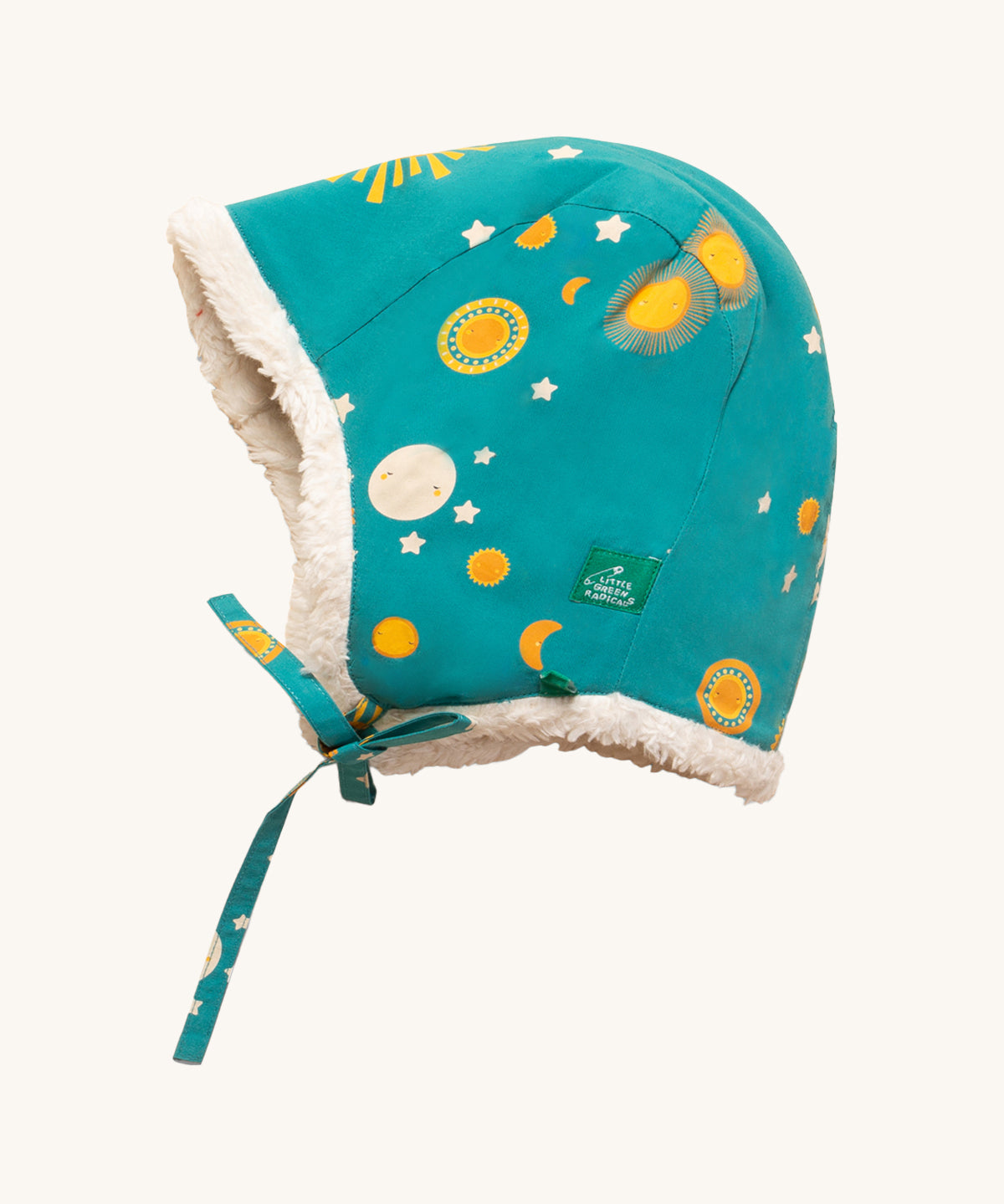 LGR Sun & The Stars Sherpa Hat. A light blue fabric with happy sun and stars print, with a tie up chin straps, and a cosy fleece lining