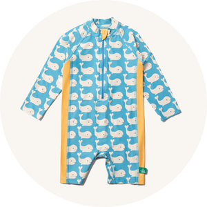 Little Green Radicals Blue Whales UPF50+ Recycled Sunsafe Suit - made from recycled bottles with a blue and white whale print and bright yellow piping down the sides.