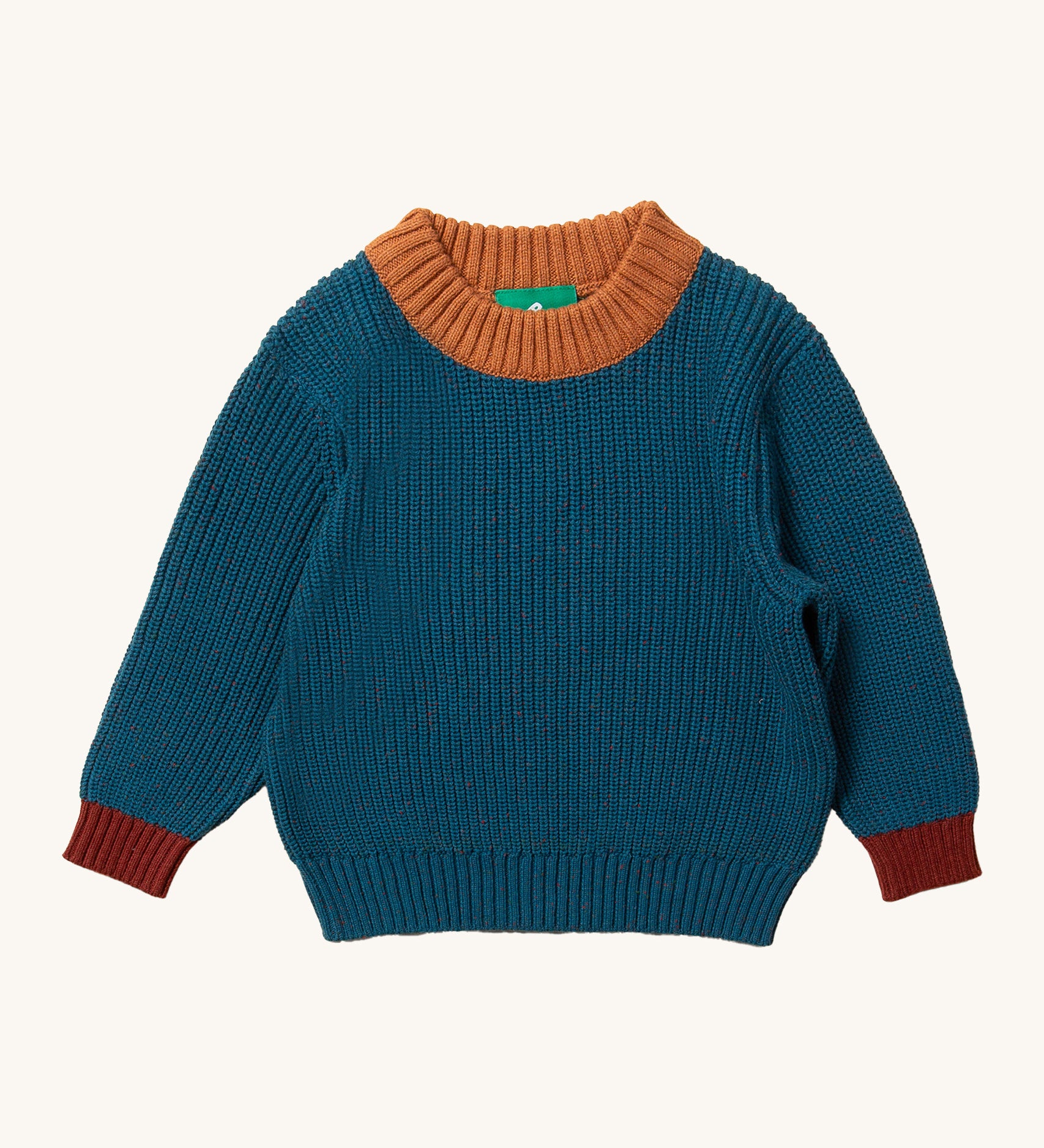 LGR From One To Another Teal Knitted Jumper. A gorgeous teal fabric, with hazelnut wrist cuffs and a light brown neck collar