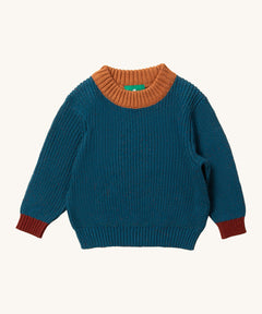 LGR From One To Another Teal Knitted Jumper. A gorgeous teal fabric, with hazelnut wrist cuffs and a light brown neck collar