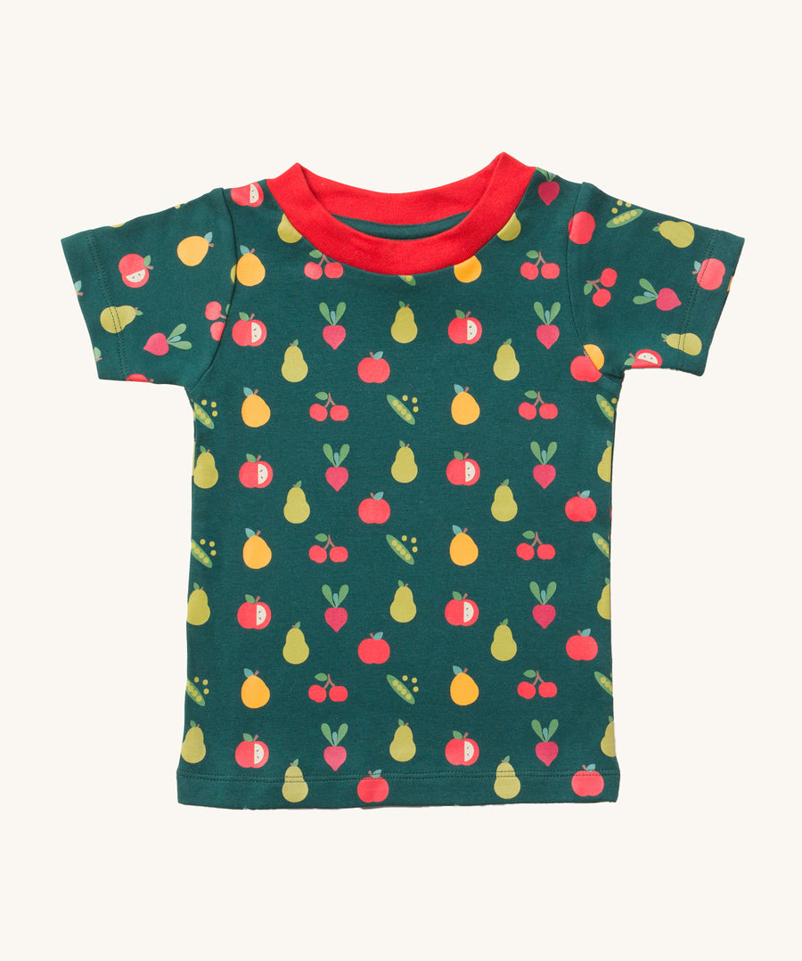 LGR Vegetable Patch Short Sleeve T-Shirt. A dark green fabric with fun vegetable repeat print and a red neck collar