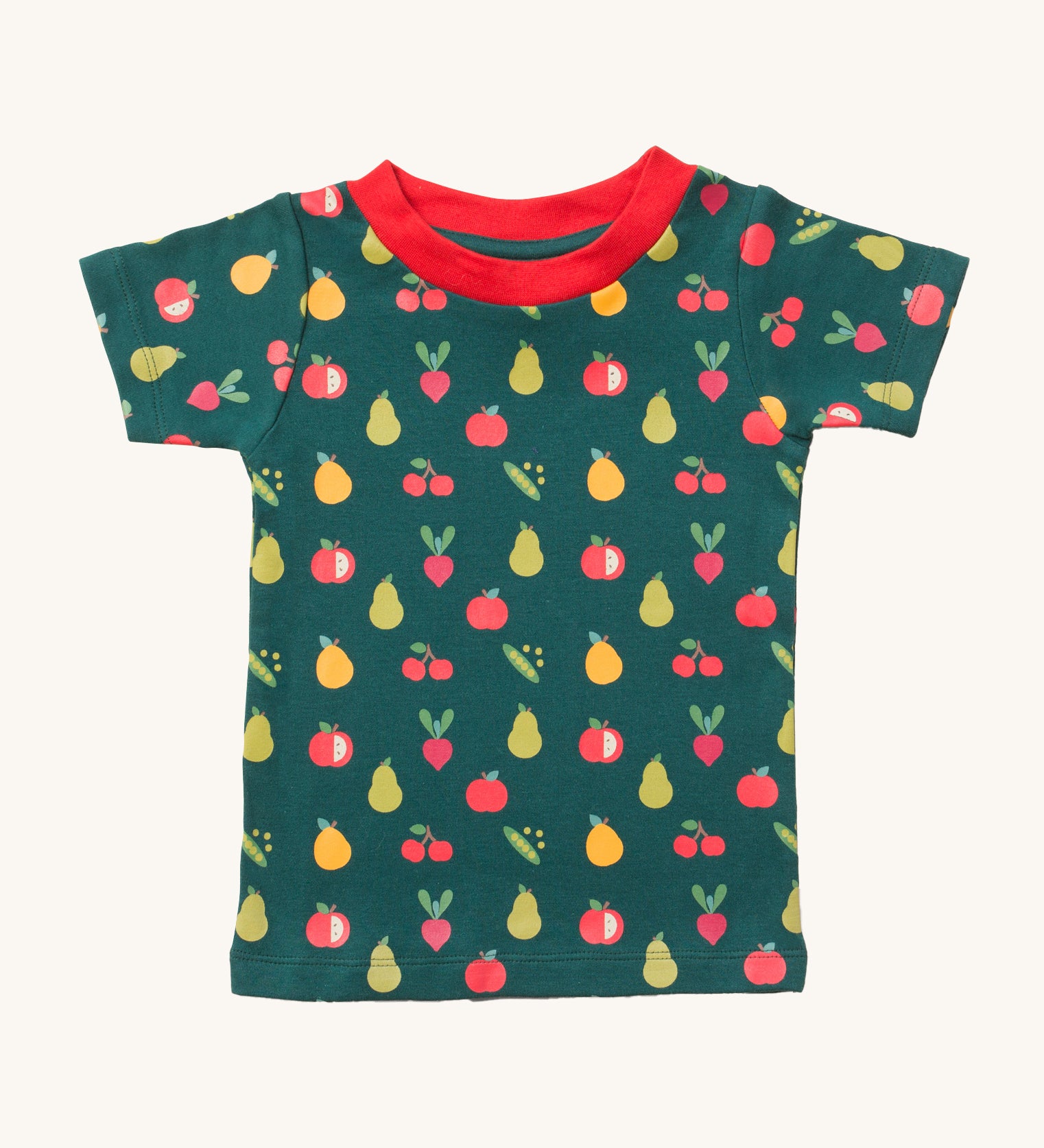 LGR Vegetable Patch Short Sleeve T-Shirt. A dark green fabric with fun vegetable repeat print and a red neck collar