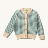 A Little Green Radicals blue and white knitted kids cardigan.