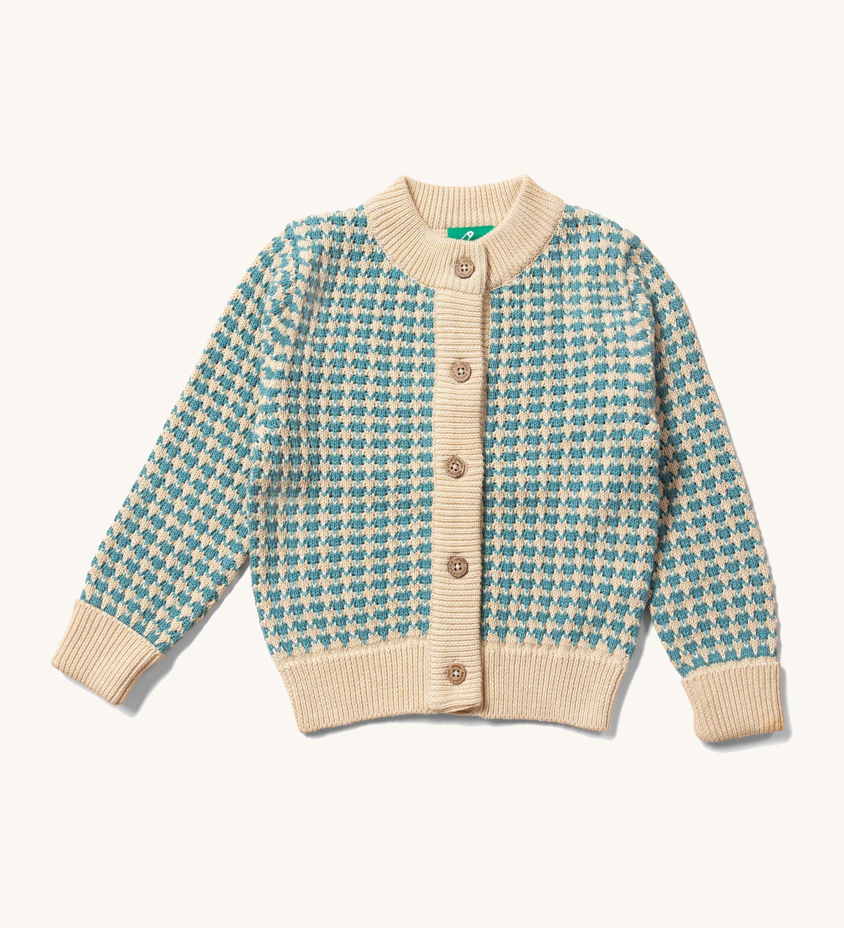 A Little Green Radicals blue and white knitted kids cardigan.