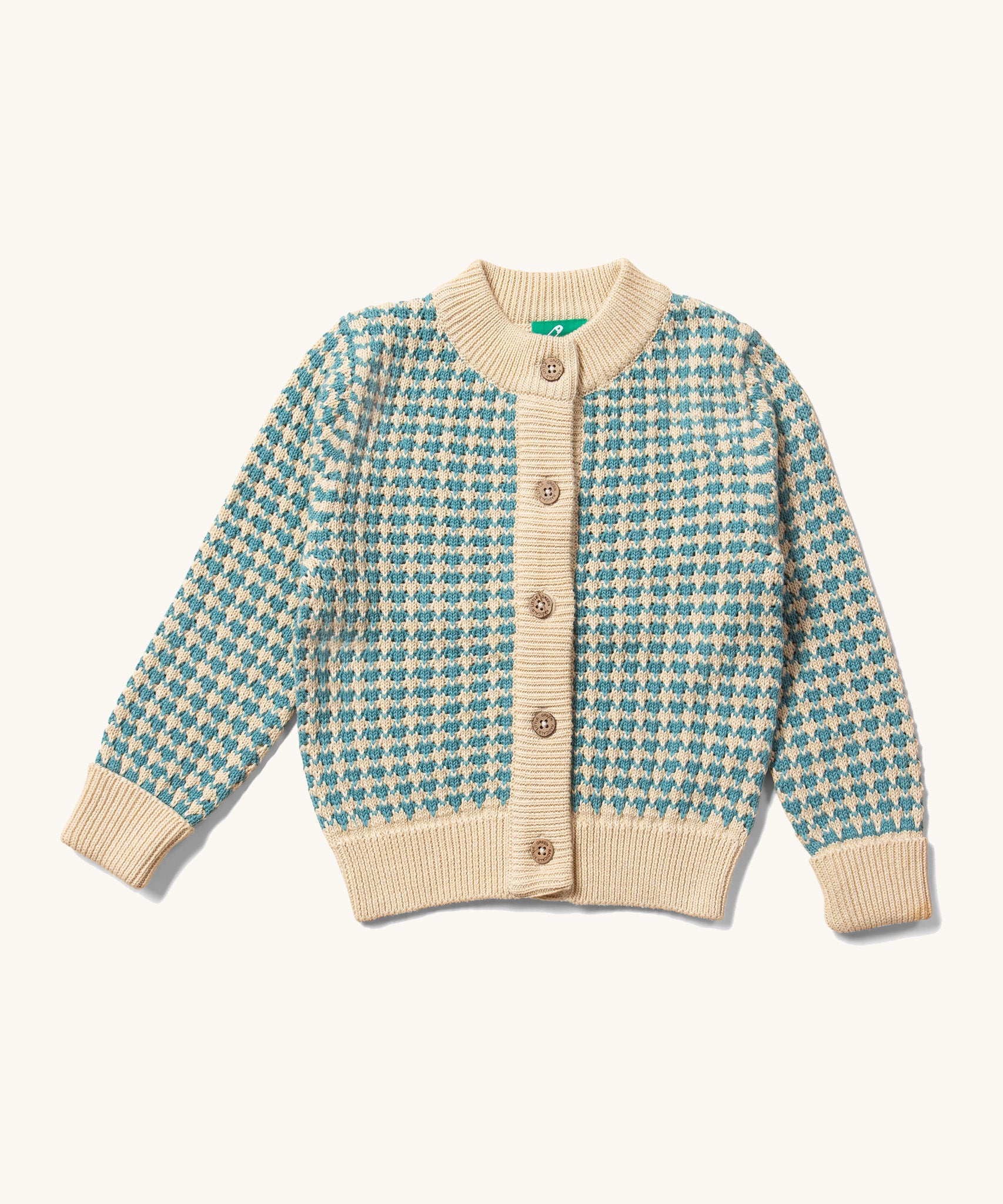 A Little Green Radicals blue and white knitted kids cardigan.