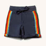 Little Green Radicals Navy coloured Comfy Jogger Shorts with rainbow stripes on the sides