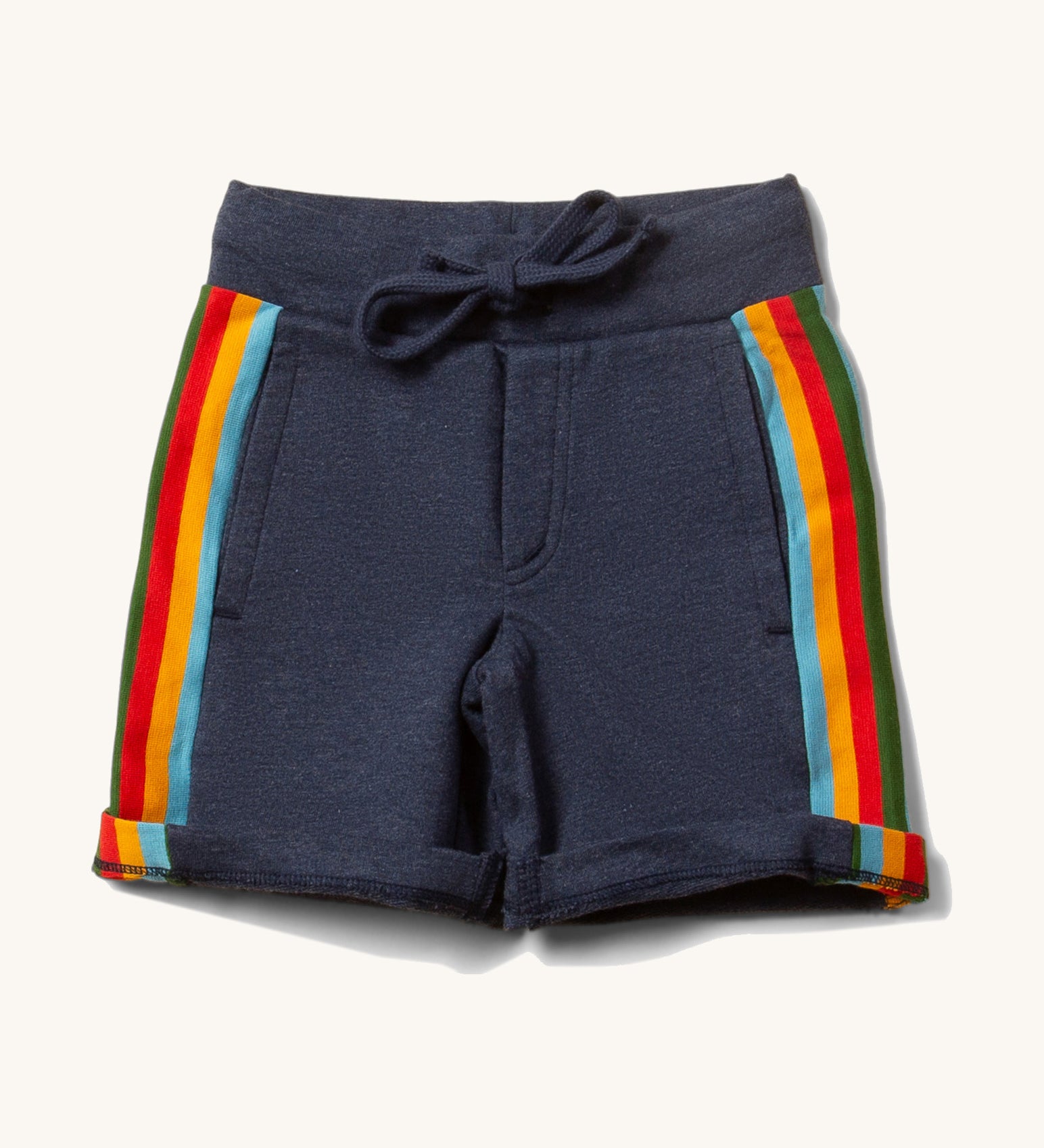 Little Green Radicals Navy coloured Comfy Jogger Shorts with rainbow stripes on the sides