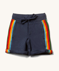 Little Green Radicals Navy coloured Comfy Jogger Shorts with rainbow stripes on the sides