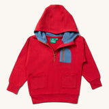 Little Green Radicals Child's Red Organic Quarter Zip Hoodie with blue coloured breast pocket.