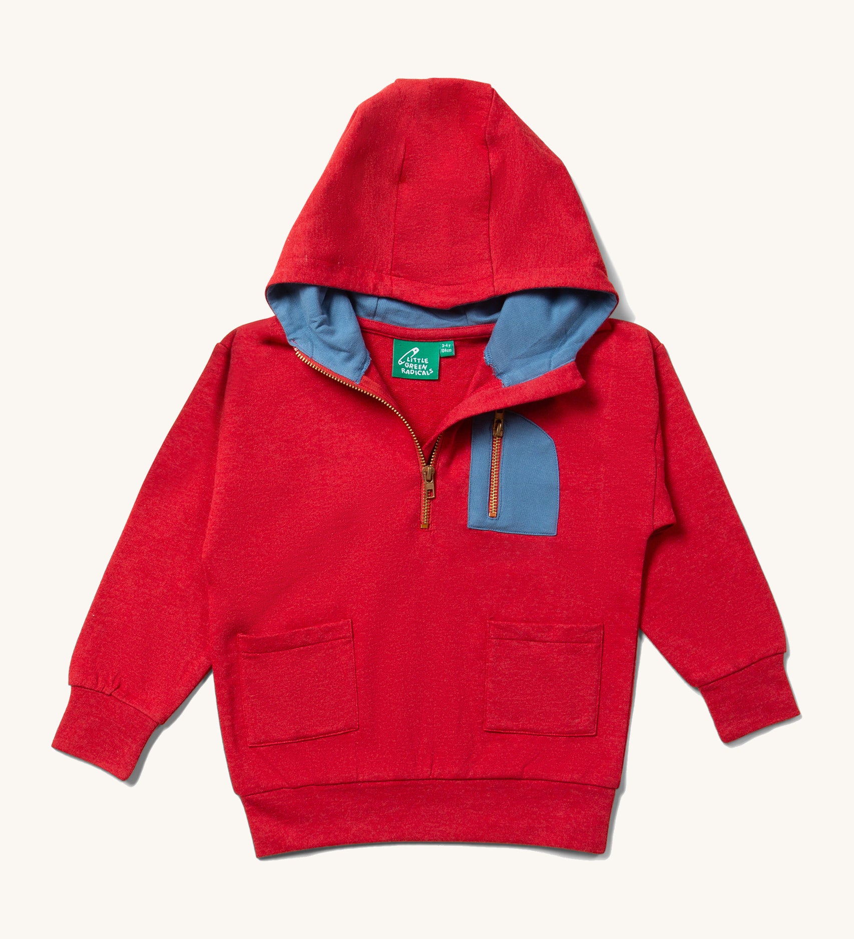 Little Green Radicals Child's Red Organic Quarter Zip Hoodie with blue coloured breast pocket.