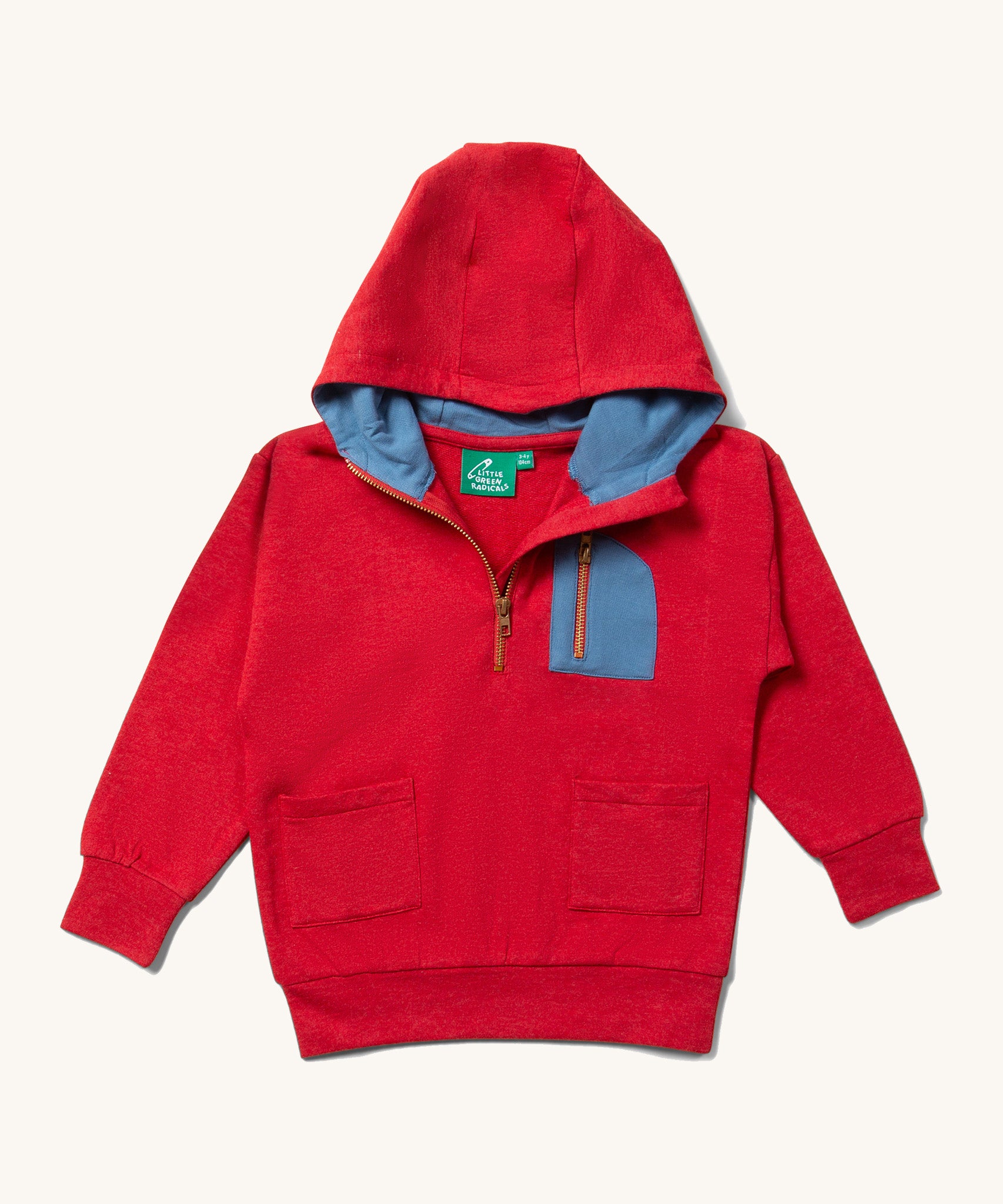 Little Green Radicals Child's Red Organic Quarter Zip Hoodie with blue coloured breast pocket.