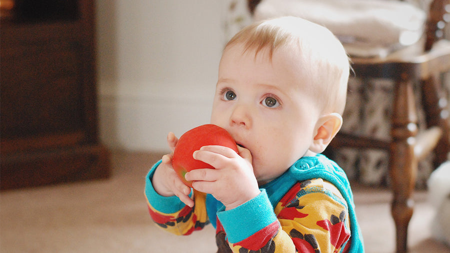 Baby chewing on a Lanco natural rubber apple toy