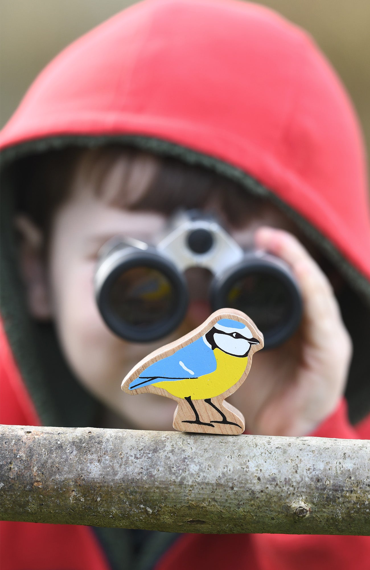 child with binoculars looking at toy wooden lanka kade bird, whilst playing in forest