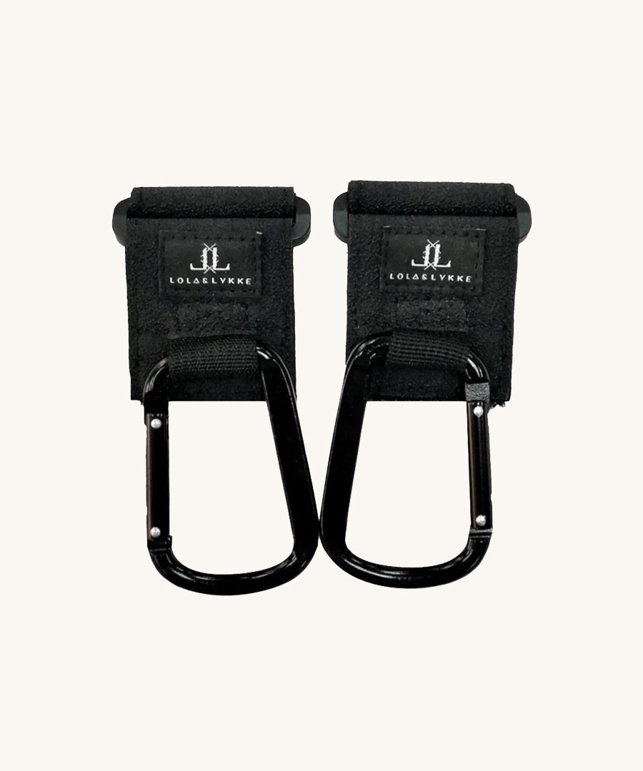 Lola & Lykke Stroller Hooks. Black pram and stroller hooks with black carabena clips