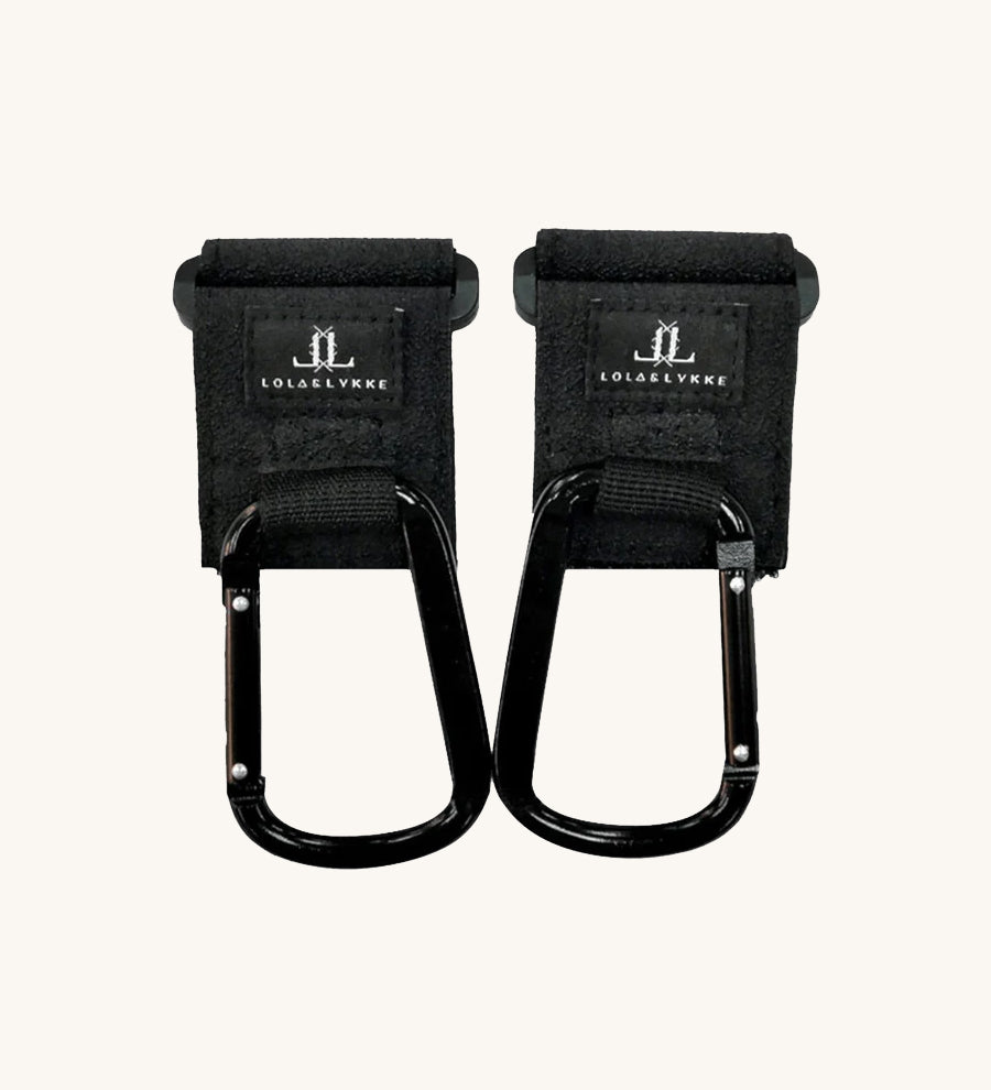 Lola & Lykke Stroller Hooks. Black pram and stroller hooks with black carabena clips