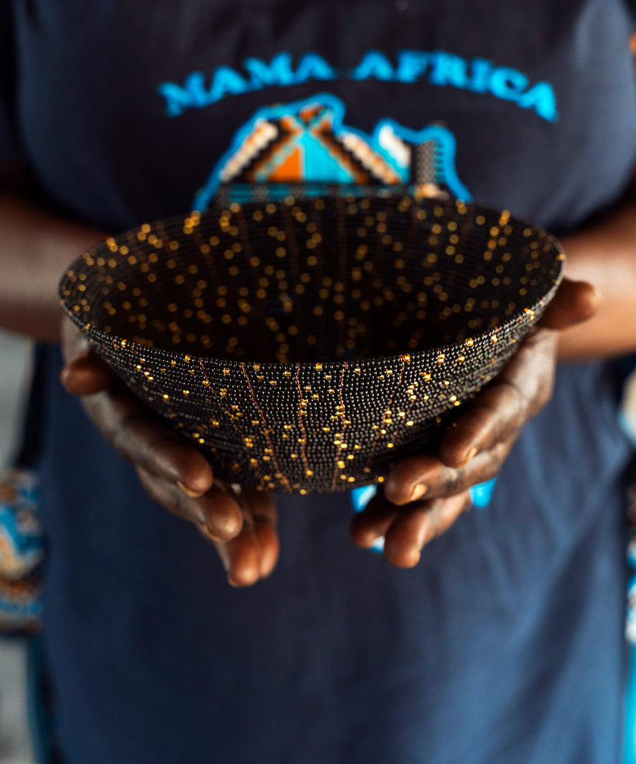 A finished Crescent Moon Bowl, handmade by a refugee