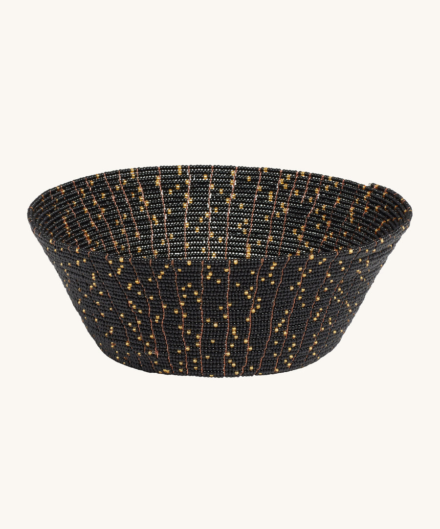 MADE51 Handmade Beaded Crescent Moon Bowl, made with black and gold beads, and copper wiring