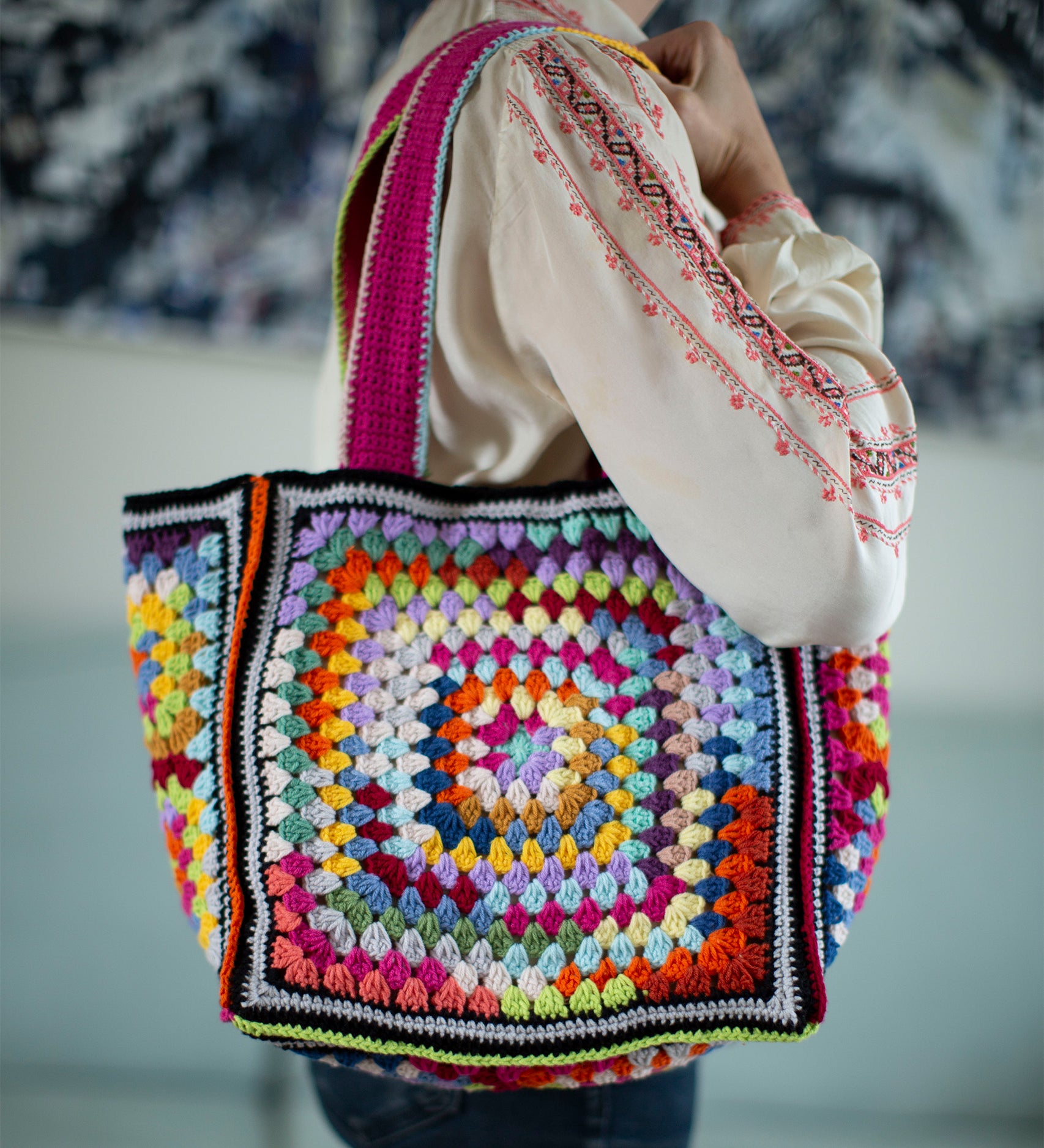 MADE51 Jedda Handmade Crochet Tote Bag being carried on a persons shoulder