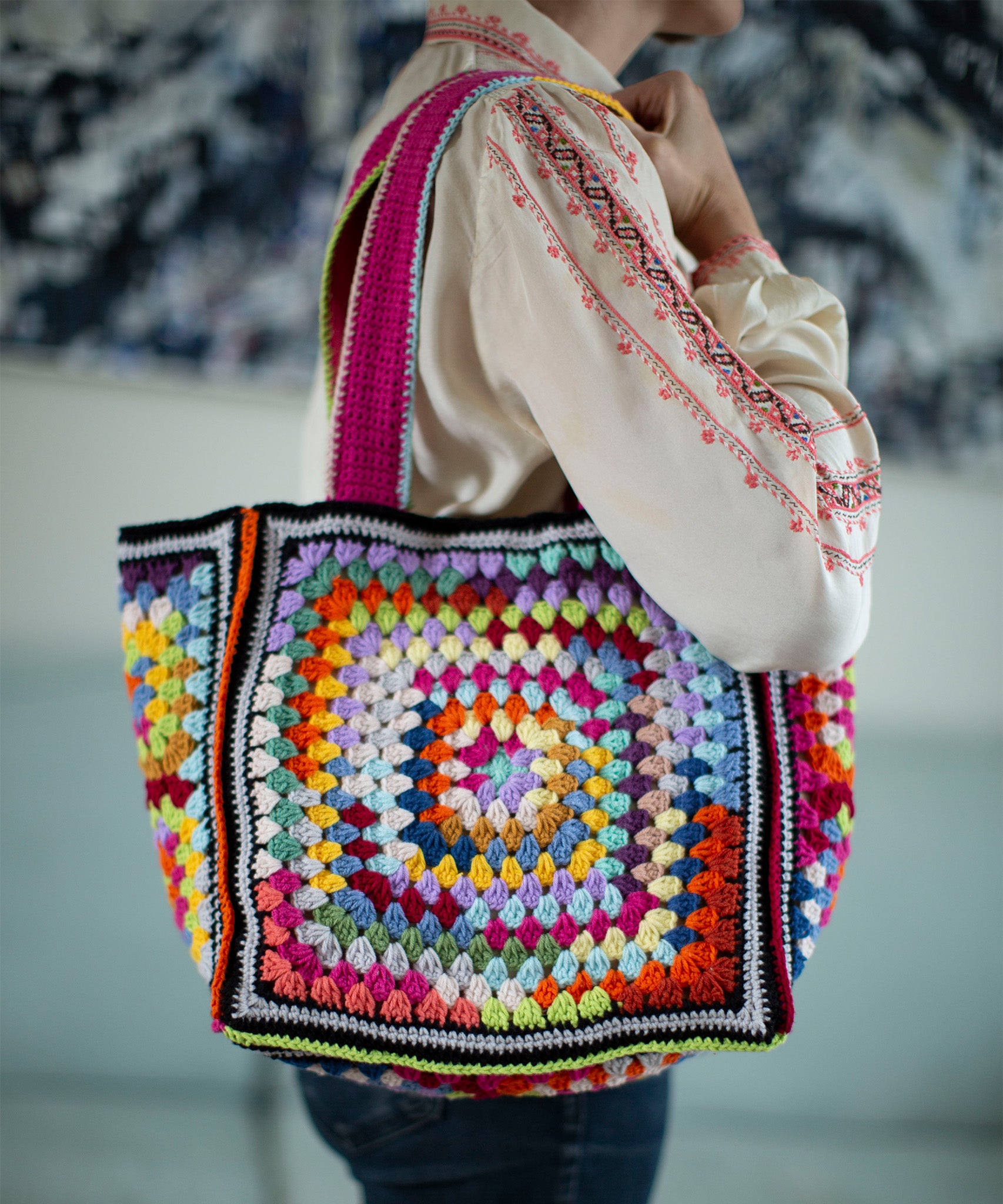 MADE51 Jedda Handmade Crochet Tote Bag being carried on a persons shoulder