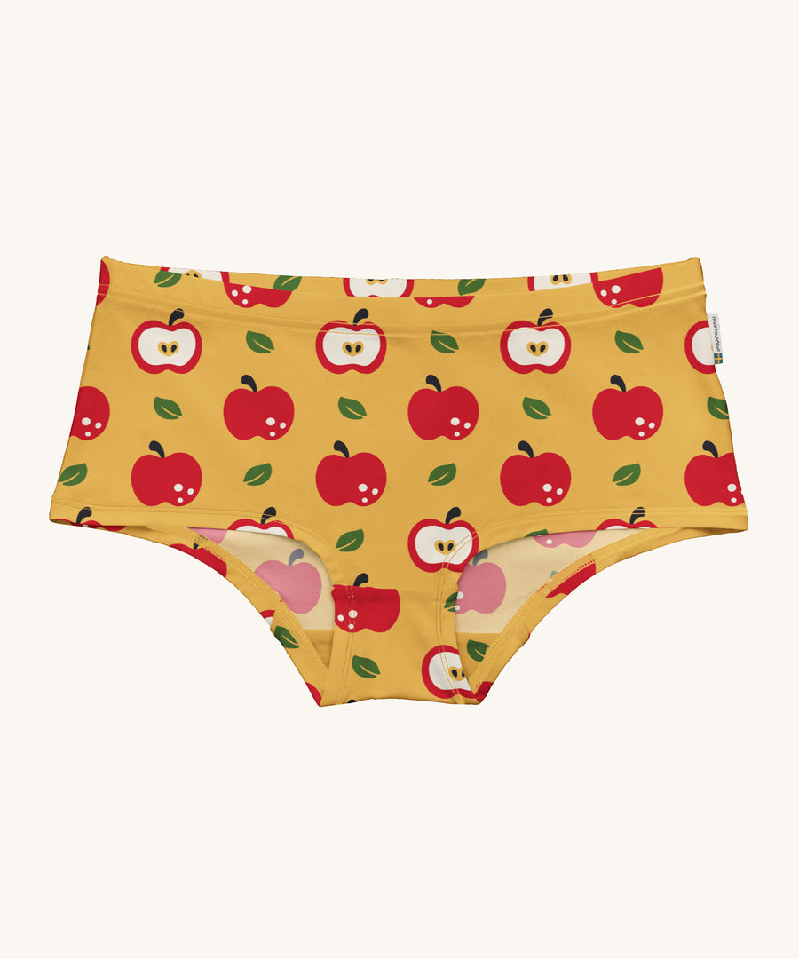 Maxomorra Apple Organic Cotton Adult Hipster Briefs in mustard yellow fabric, and red apple print