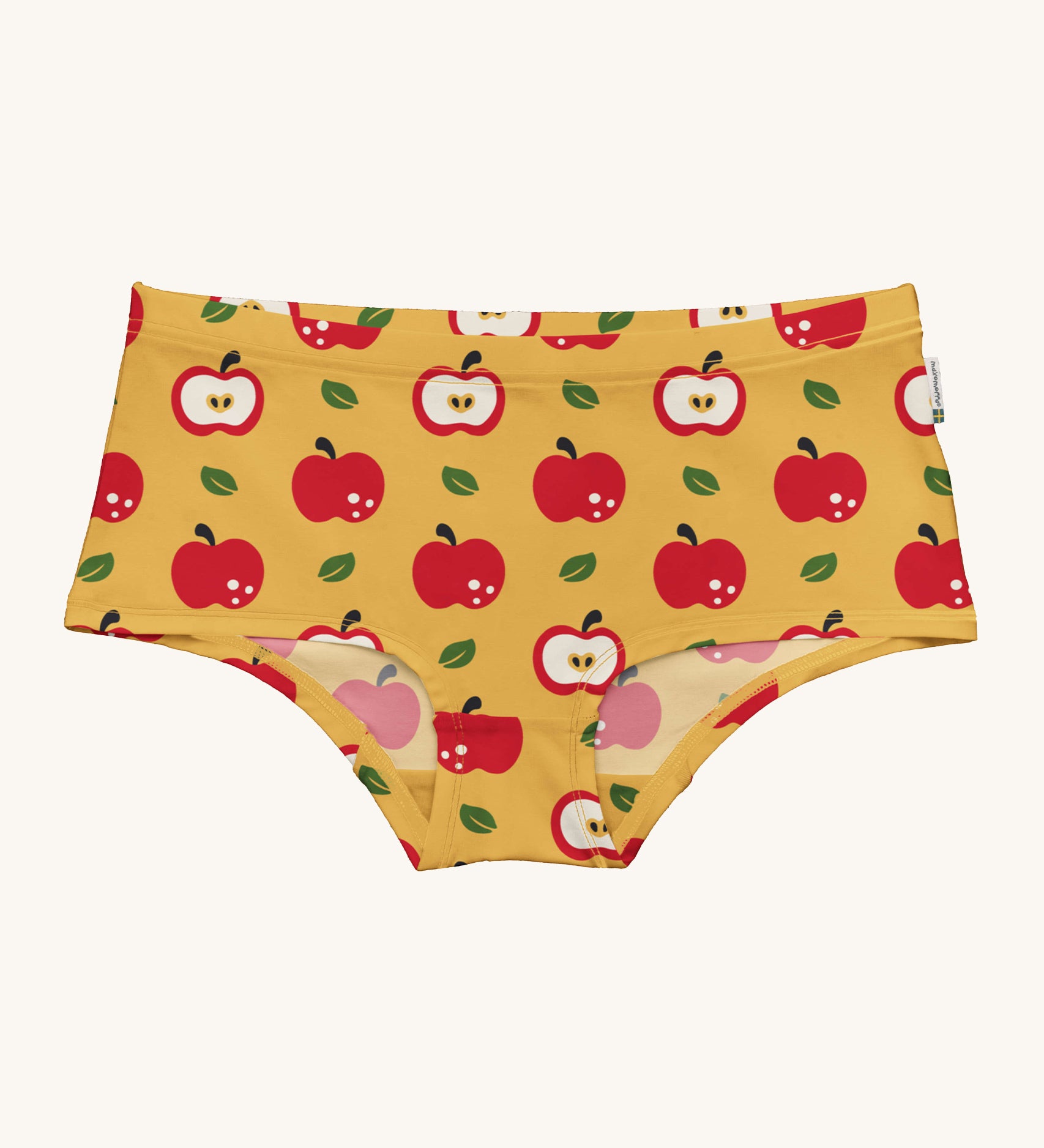 Maxomorra Apple Organic Cotton Adult Hipster Briefs in mustard yellow fabric, and red apple print