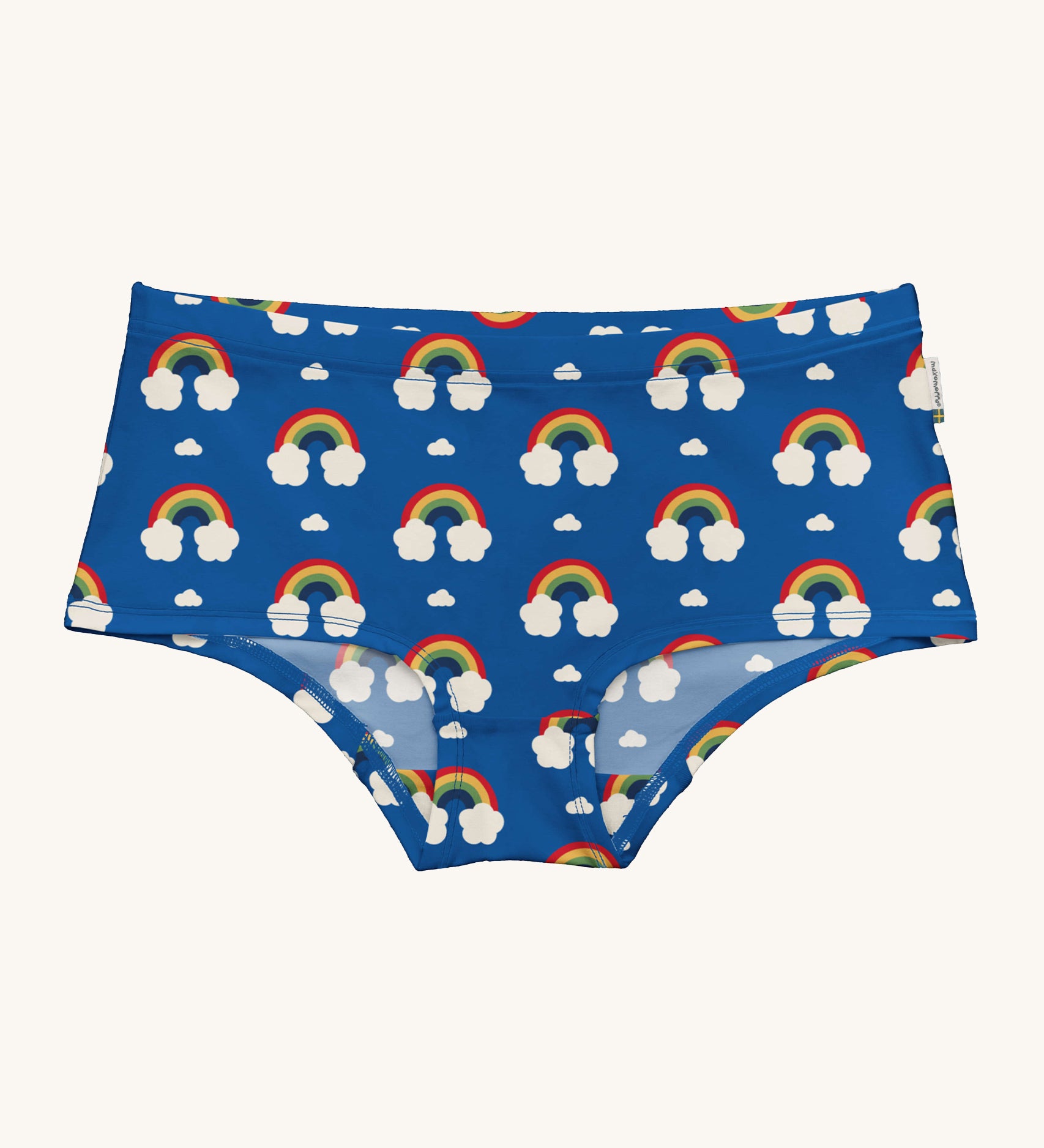 Maxomorra Rainbow Organic Cotton Adult Hipster Briefs in blue fabric and colourful rainbow print