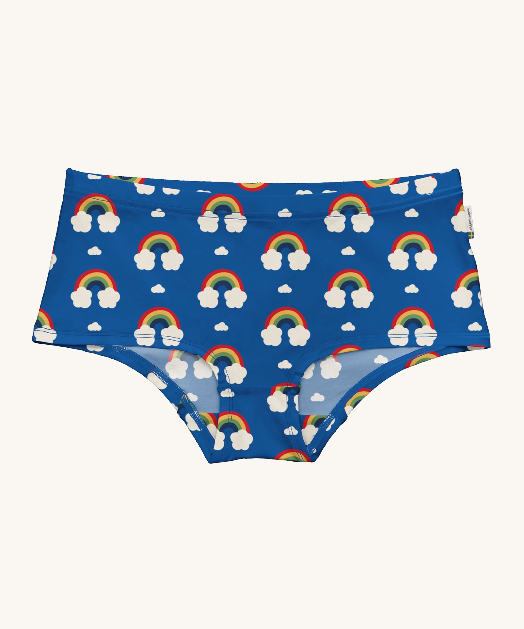 Maxomorra Rainbow Organic Cotton Adult Hipster Briefs in blue fabric and colourful rainbow print