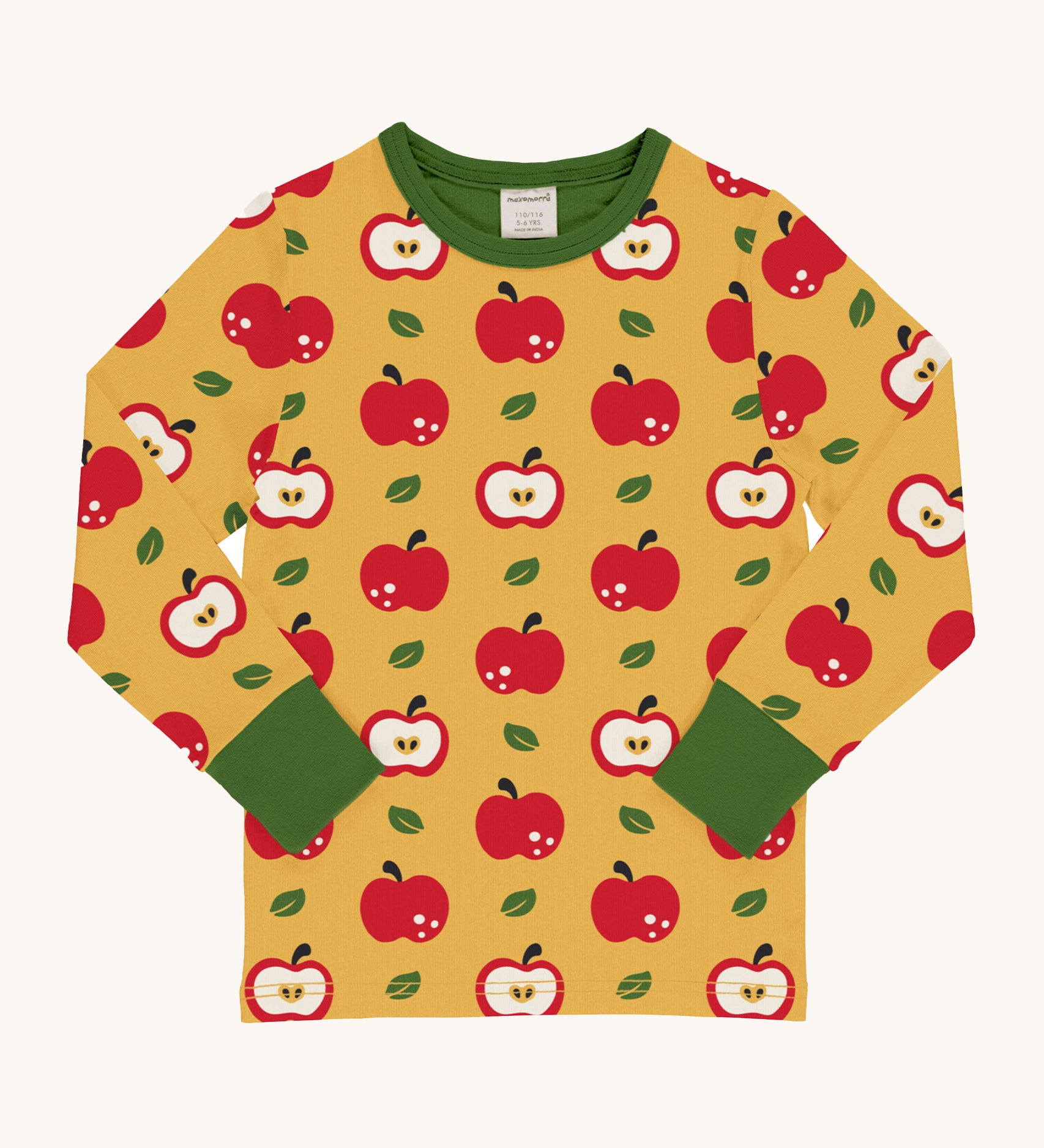 Maxomorra Apple Long Sleeved Children's Top is yellow with a repeat red apple print, and contrasting green elasticated cuffs and neck trim