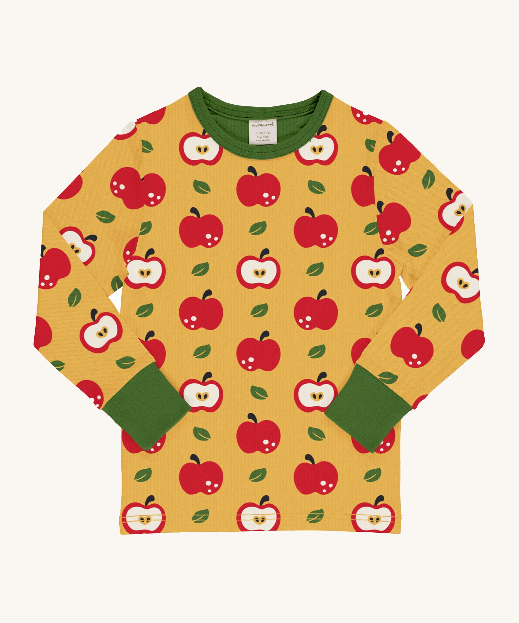 Maxomorra Apple Long Sleeved Children's Top is yellow with a repeat red apple print, and contrasting green elasticated cuffs and neck trim