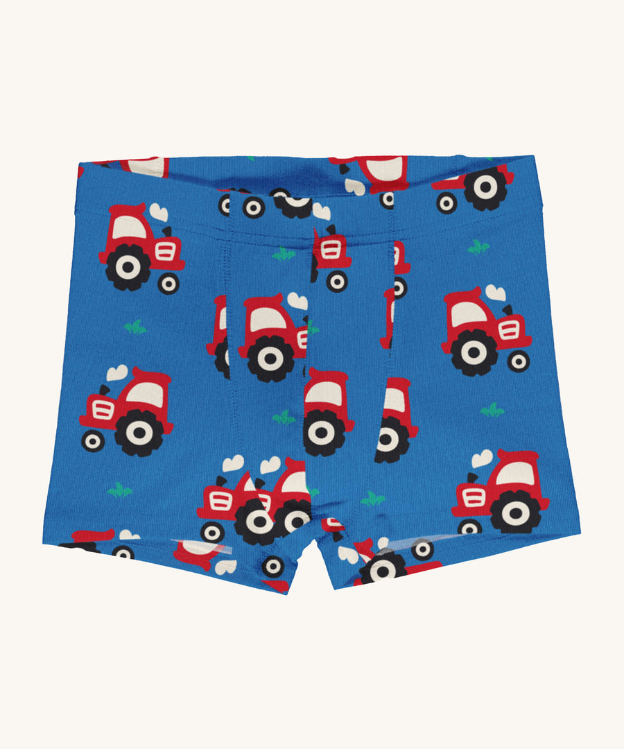 Maxomorra Organic Cotton Tractor Boxer Shorts in blue fabric and red tractor print