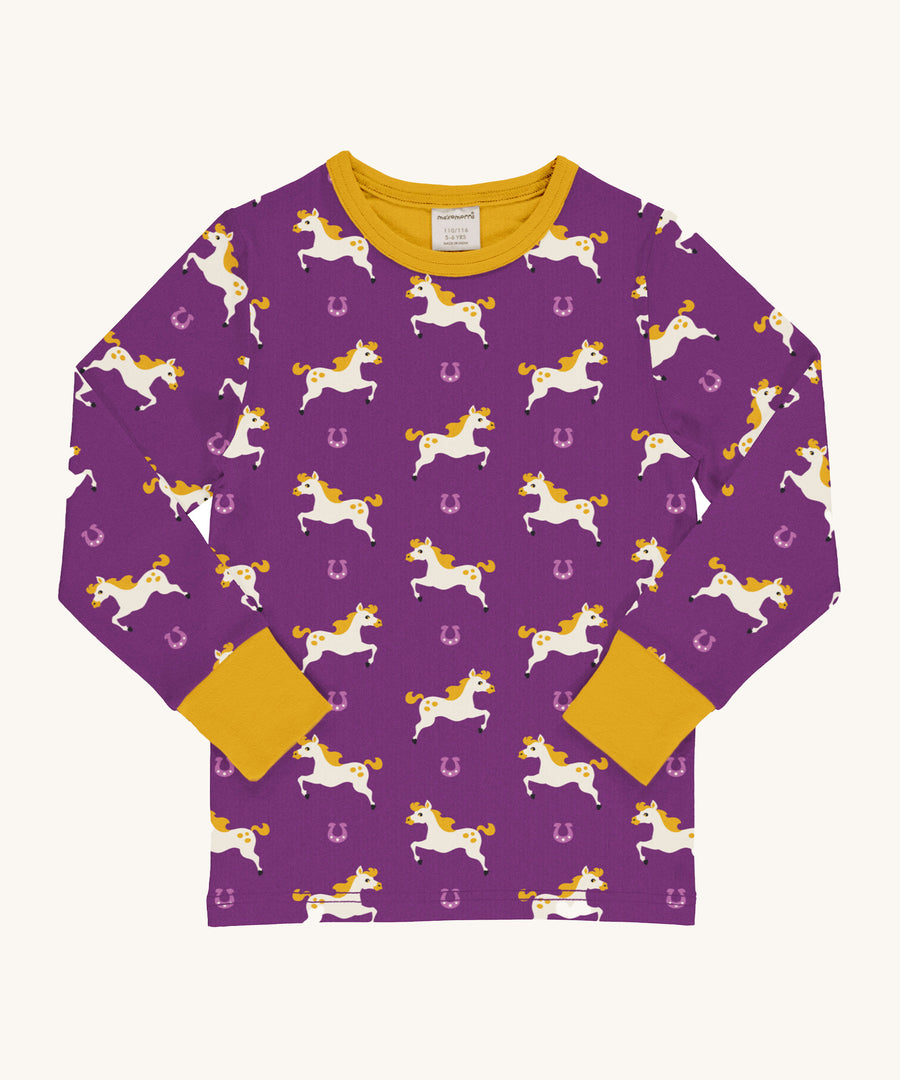 Maxomorra Horse Long Sleeved Children's Top is purple with a galloping horse repeat print and contrasting golden yellow elasticated cuffs and neck trim